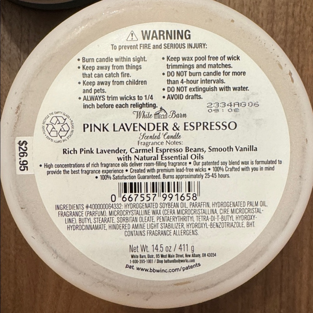 BBW / White Barn New 3-Wick Candle, Pink Lavender & Espresso, White Barn - Picture 2 of 5